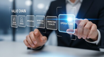 Obraz premium Value chain analysis. A business analyst's hands touch one of five blocks in a holographic 'value chain', causing it to stand out for analysis.