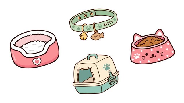 Animated set of essential cat accessories including a soft bed carrier bowl and collar shown in this digital motion clip