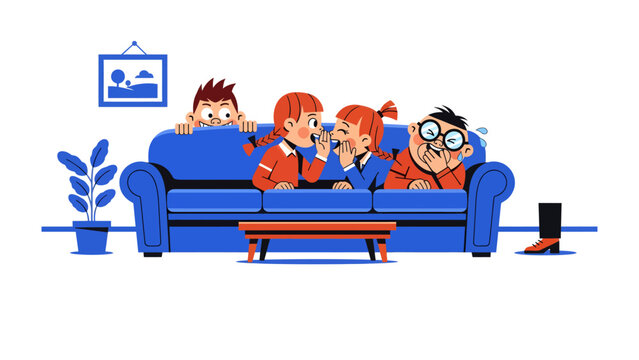 Secret Whispers: Illustrated scene of four kids sitting on the sofa, sharing whispers, while another is eavesdropping, sparking curiosity and playfulness.