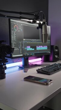 Content creator workspace with microphone and video editing software on PC, colorful setup lighting, modern desk pan shot 4K