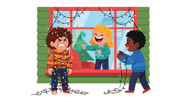 Christmas Light Chaos: A humorous scene unfolds as one child gets hilariously tangled in festive lights, while two other children react with laughter and mischief.