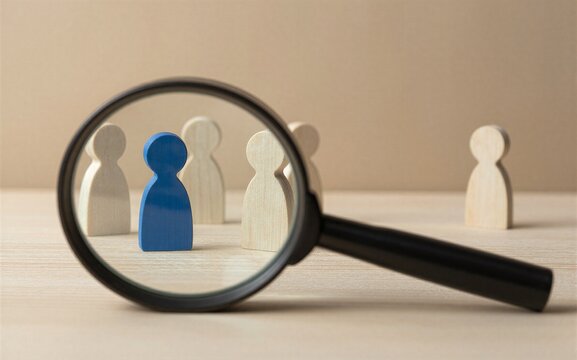 Magnifying glass highlights one blue figure among many white figures