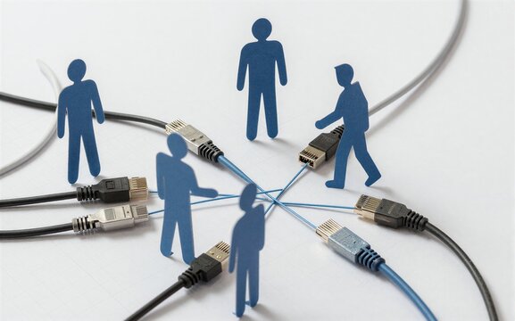 Paper cutouts of people connected by cables symbolizing networked