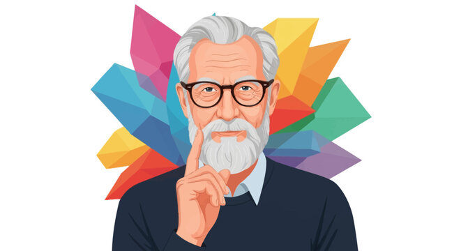 Vector illustration of an elderly man with white hair and beard wearing black glasses and a dark sweater, pointing a finger up against a vibrant colorful geometric backdrop.