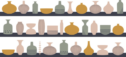 Collection of Decorative Vases and Bowls in Rows pottery © Priyom
