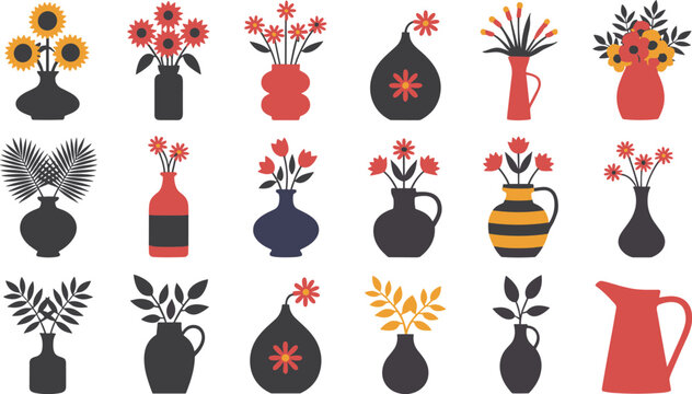 Collection of 15 Illustrated Vases with Flowers and Plants
