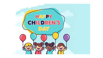 Naklejka premium Joyful Celebration: Happy Children's Day - A vibrant illustration featuring diverse children holding balloons, against a cheerful backdrop. It celebrates innocence, joy.