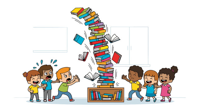 Book Avalanche: A whimsical illustration of children reacting to an avalanche of books tumbling from a shelf, filled with dynamic action and playful expressions.