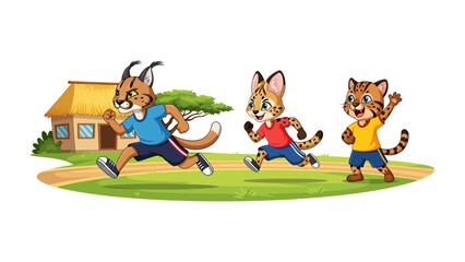 Obraz premium Feline Dash: A spirited cartoon depicts a trio of animated felines in a vibrant race, exuding energy and fun.