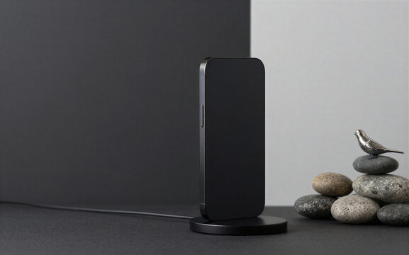 Black iPhone rests on charger beside stacked stones with a silver