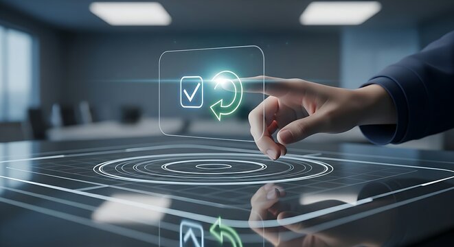 Intuitive user interface (UI). A close-up of a hand gently touching an icon on an extremely clean and minimalist holographic interface, representing ease of use.
