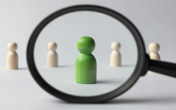Magnifying glass focuses on green figure among beige peers