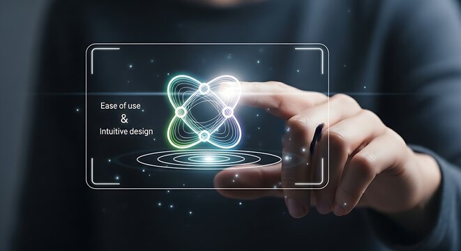 Intuitive user interface (UI). A close-up of a hand gently touching an icon on an extremely clean and minimalist holographic interface, representing ease of use.