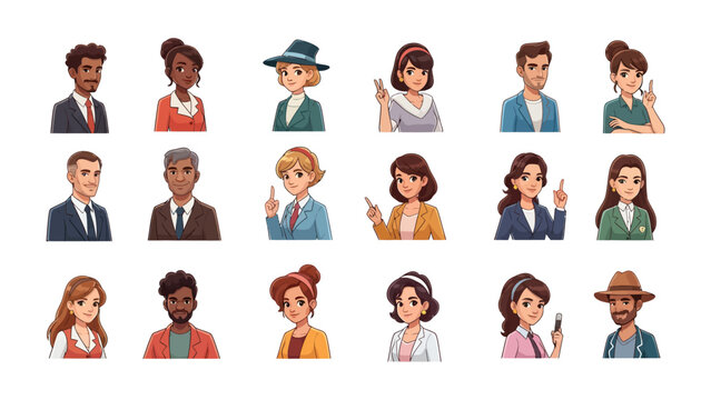 Diverse Characters: A vibrant array of diverse characters, each uniquely styled, ready to represent a wide spectrum of identities and backgrounds, perfect for adding personality to various projects.