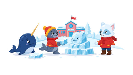 Winter Wonderland Companions: A heartwarming scene unfolds as a group of adorable animal characters, clad in winter attire, collaboratively build an ice sculpture in a snowy wonderland. © Nusaybah
