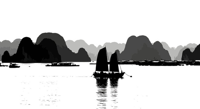 Traditional junk boat sailing through a bay with karst mountains