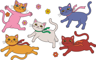 Fototapeta premium Whimsical Cartoon Cats In Various Poses Keywords: cats, kittens, cartoon, illustration, playful