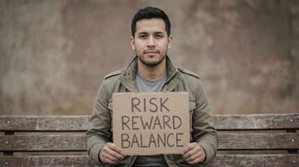 Fototapeta premium Man on a bench holds a cardboard sign reading risk reward balance in an outdoor urban setting.
