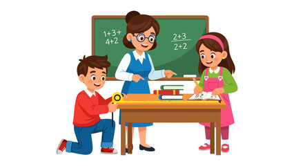 Education in Action: A teacher guides two students at a desk, the blackboard filled with equations adding a scholastic touch to this delightful illustration, emphasizing learning and growth. © Rahimatul