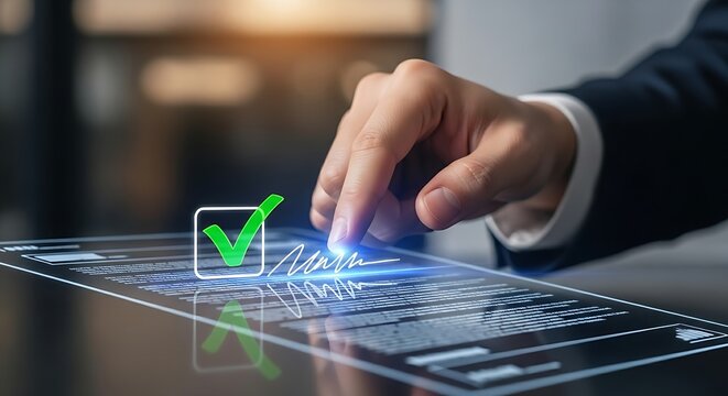 E-signature and digital contracts. A professional's hand uses a finger to trace a signature on a holographic document, which is validated with a green 'checkmark'.