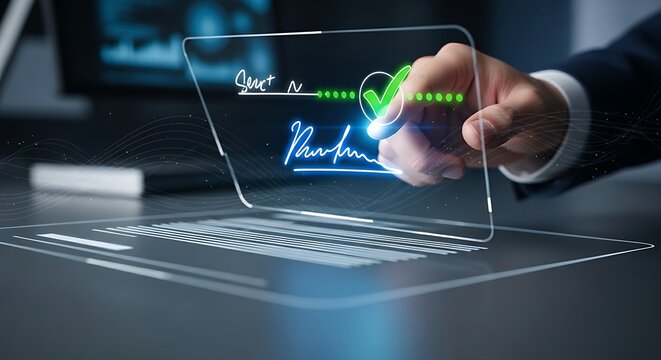 E-signature and digital contracts. A professional's hand uses a finger to trace a signature on a holographic document, which is validated with a green 'checkmark'.