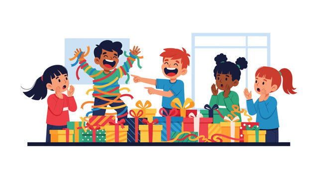 Joyful Party: A group of children is in the midst of a festive celebration, their faces alight with glee as they unwrap presents, play games, and revel in the merriment of the occasion.