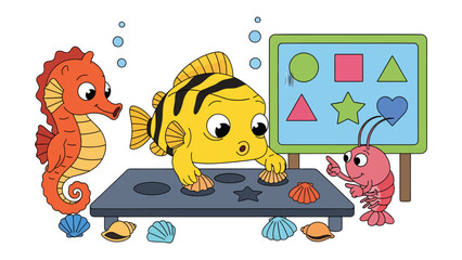Ocean Learning: An animated seascape showcases a vibrant seahorse and fish engaging in a fun-filled learning activity with a crab, with various shapes on a blackboard. © Rahimatul