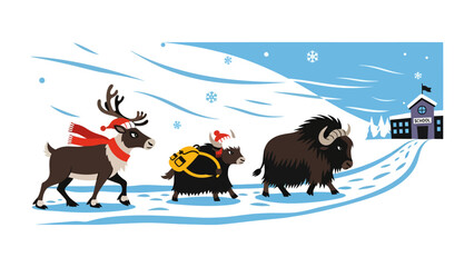 Festive Journey: A whimsical illustration of a festive group of animals, lead by a reindeer in a festive attire, trekking towards a building with snowflakes falling gently. © Jannat