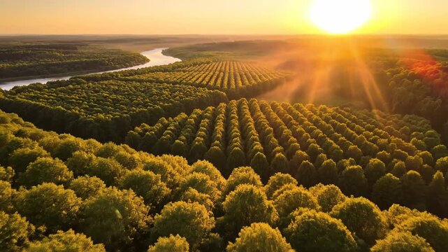 Aerial drone view of vast forest plantation and winding river at sunset, golden hour sun rays, agriculture and nature harmony