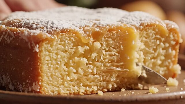 Delicious Slice of Cake Being Cut with Powdered Sugar Topping.