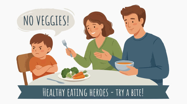 Flat Family mealtime struggle with picky eater refusing vegetables Vector