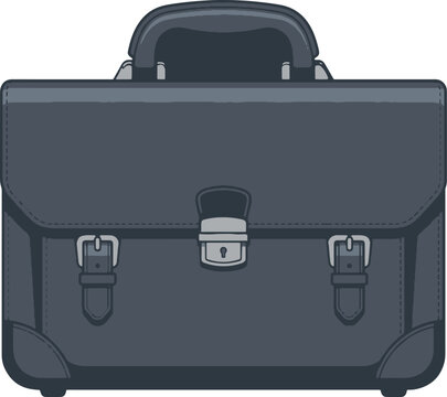 Professional black leather briefcase vector illustration, classic business attache case with silver buckles, corporate office bag icon for work