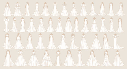 Multiple white wedding dress hanging. © Bagas