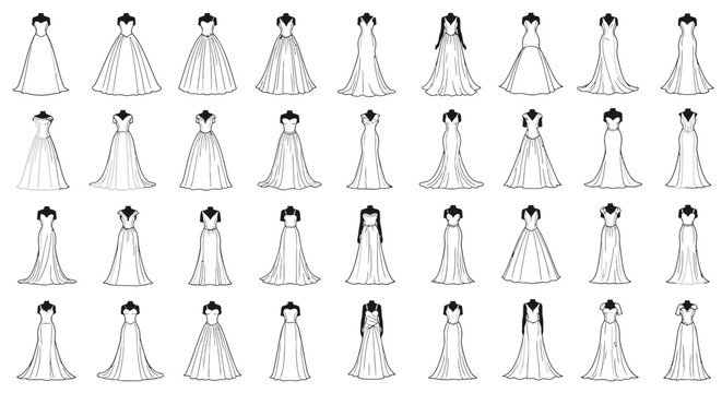 Multiple wedding dresses line up.