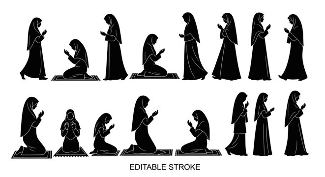 Muslim women praying in various positions.