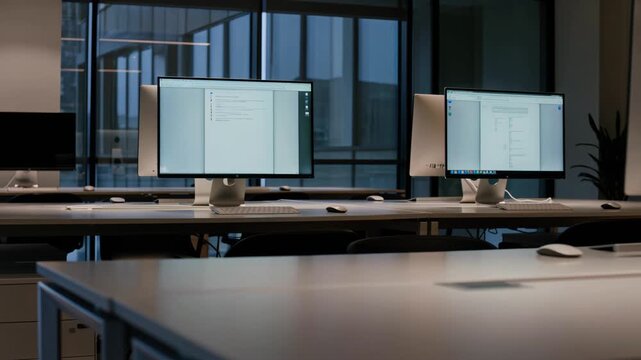 Empty office at night with multiple monitors, slow pan shot, dark corporate workspace with illuminated screens 4K