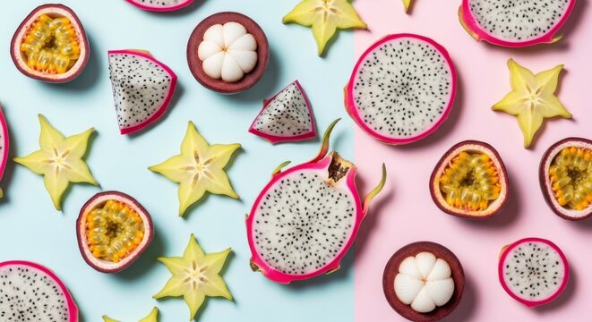 Vibrant seamless pattern featuring sliced dragon fruit, starfruit, passion fruit, and mangosteen arranged artfully on a pastel backdrop, textile, bright, healthy