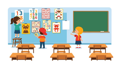 Classroom Setup: Animated illustration of children engaging in a classroom setting, showcasing elements related to education, learning, and the ambiance of a school. © Abu