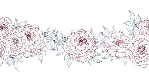 Seamless peony border floral pattern. Decorative border for design, wedding invitations and decor © Yekaterina Kashutina