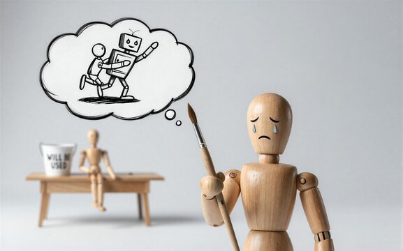 Wooden figure cries thinking robot replaces human worker at desk.