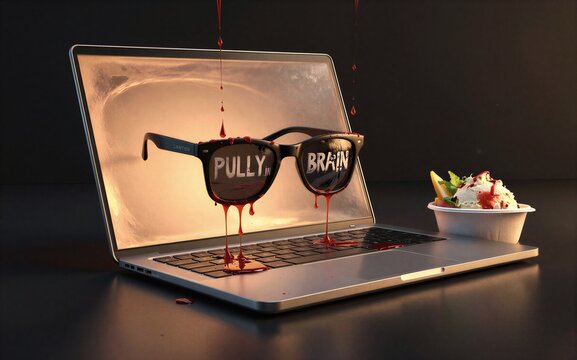 Sunglasses with "PULLY TIN BRAIN" drip red liquid beside ice cream on