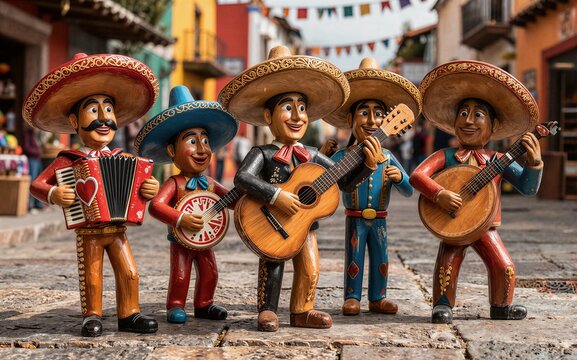 Colorful Mexican musician figurines play instruments on a vibrant