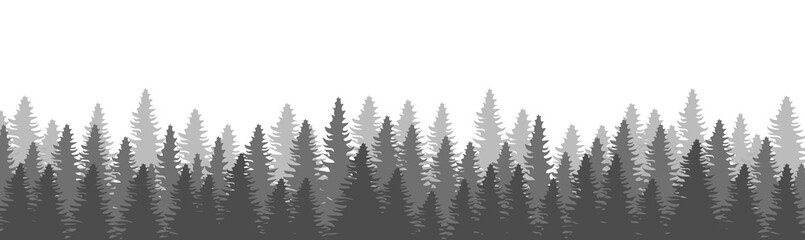 Black and white evergreen pine forest silhouette background. Minimalist misty coniferous wood landscape for nature and outdoor design. © โยธิน ทุมจีน