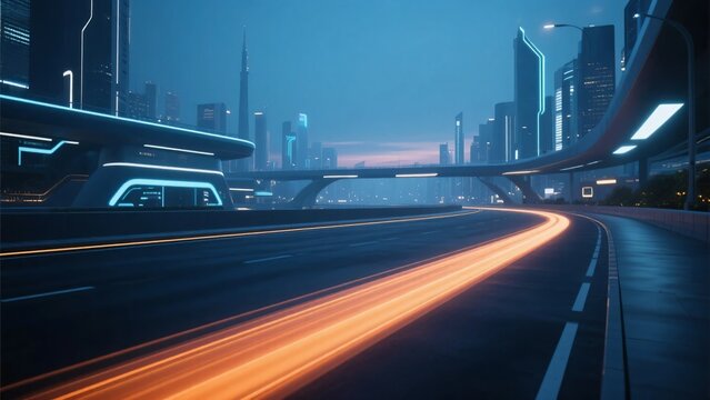 道路を流れる光の軌跡と近未来的な都市の夜景、スマートシティの世界観を表現した背景