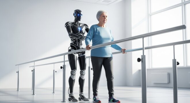Advanced humanoid robot provides mechanical assistance for walking exercises along parallel bars inside a bright and modern medical center, rehabilitation, mechanical, support