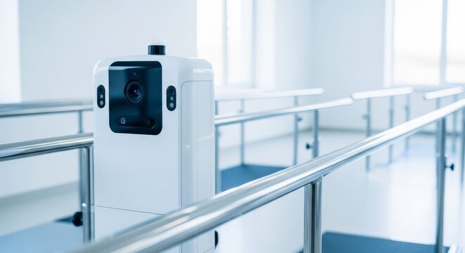 Sleek white autonomous robot monitors gait therapy on silver parallel bars within a bright clinical rehabilitation room with soft lighting, steel, healthcare, device