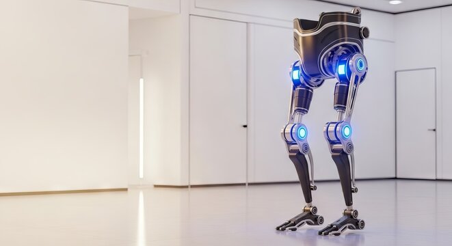 High-tech bionic exoskeleton leg frame with sleek metal gears and glowing sensors stands in a bright, modern medical facility for therapy, prosthetic, support, system