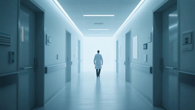 青白くクリーンな病院の廊下を歩く白衣の人物の後ろ姿、医療をテーマにしたイメージ