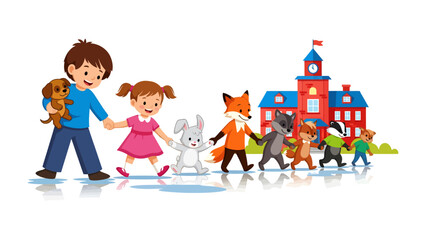 Fototapeta premium Friendship Journey: Children embark on an enchanting adventure with friendly animals, heading towards a grand school, depicting the essence of learning and companionship.