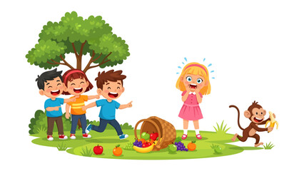 Joyful Pursuit: A playful illustration depicts a lively scene where a cheeky monkey pilfers bananas from a spilled basket, while a group of delighted children playfully pursue it. © Azizun